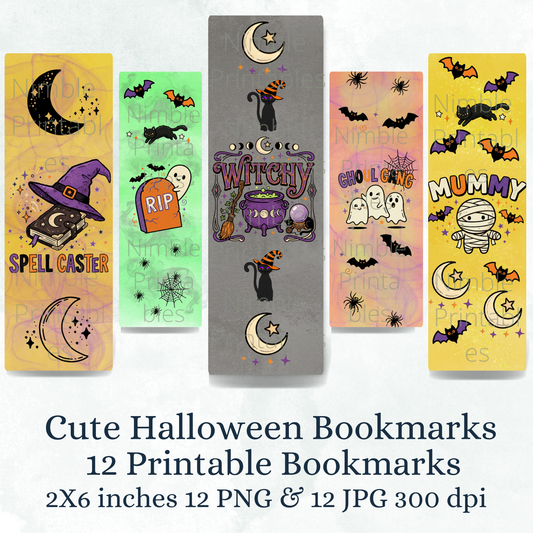Halloween bookmarks featuring a cauldron, moon, bats, ghosts, mummy, and spell book.