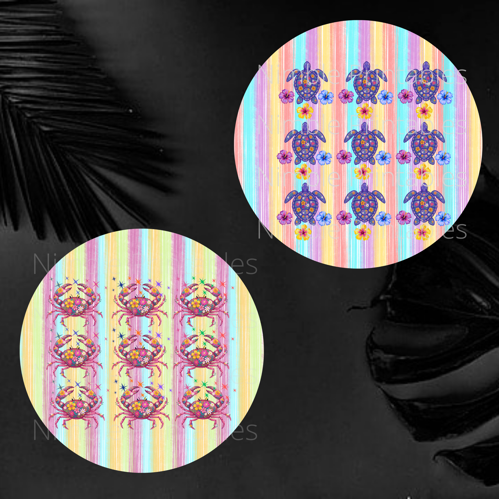 Circular pattern with colorful crabs and flowers on striped background.
