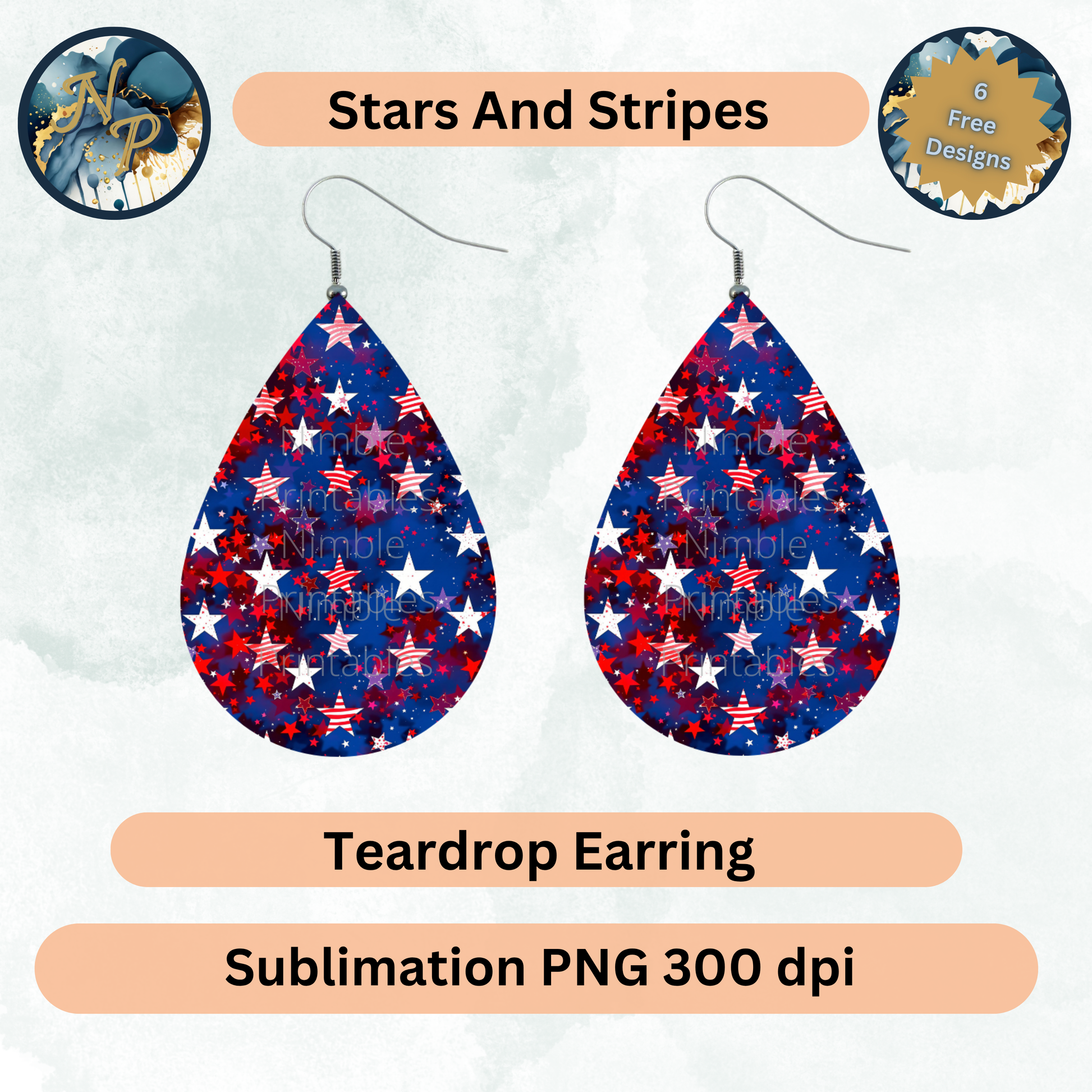Teardrop earrings with stars and stripes pattern, sublimation PNG.