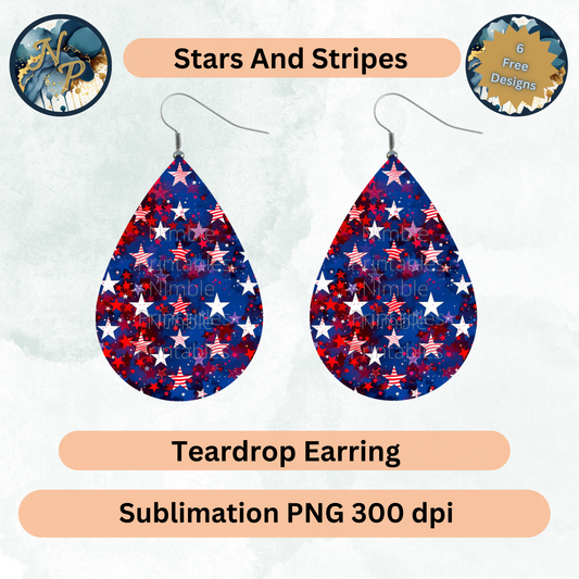 Teardrop earrings with stars and stripes pattern, sublimation PNG.