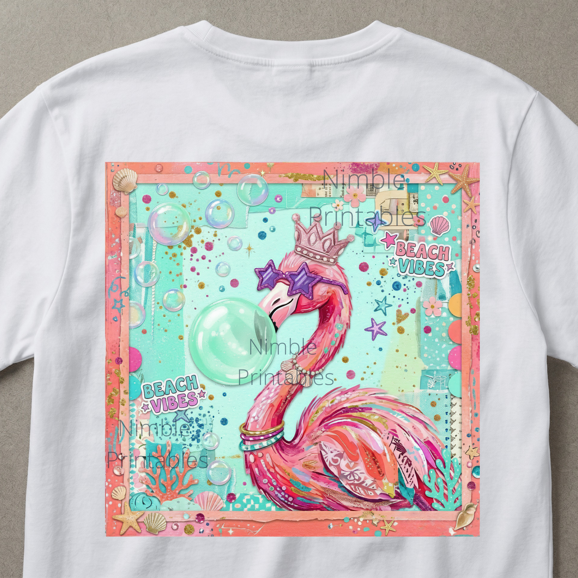Pink flamingo in sunglasses and crown blows bubble on white t-shirt.
