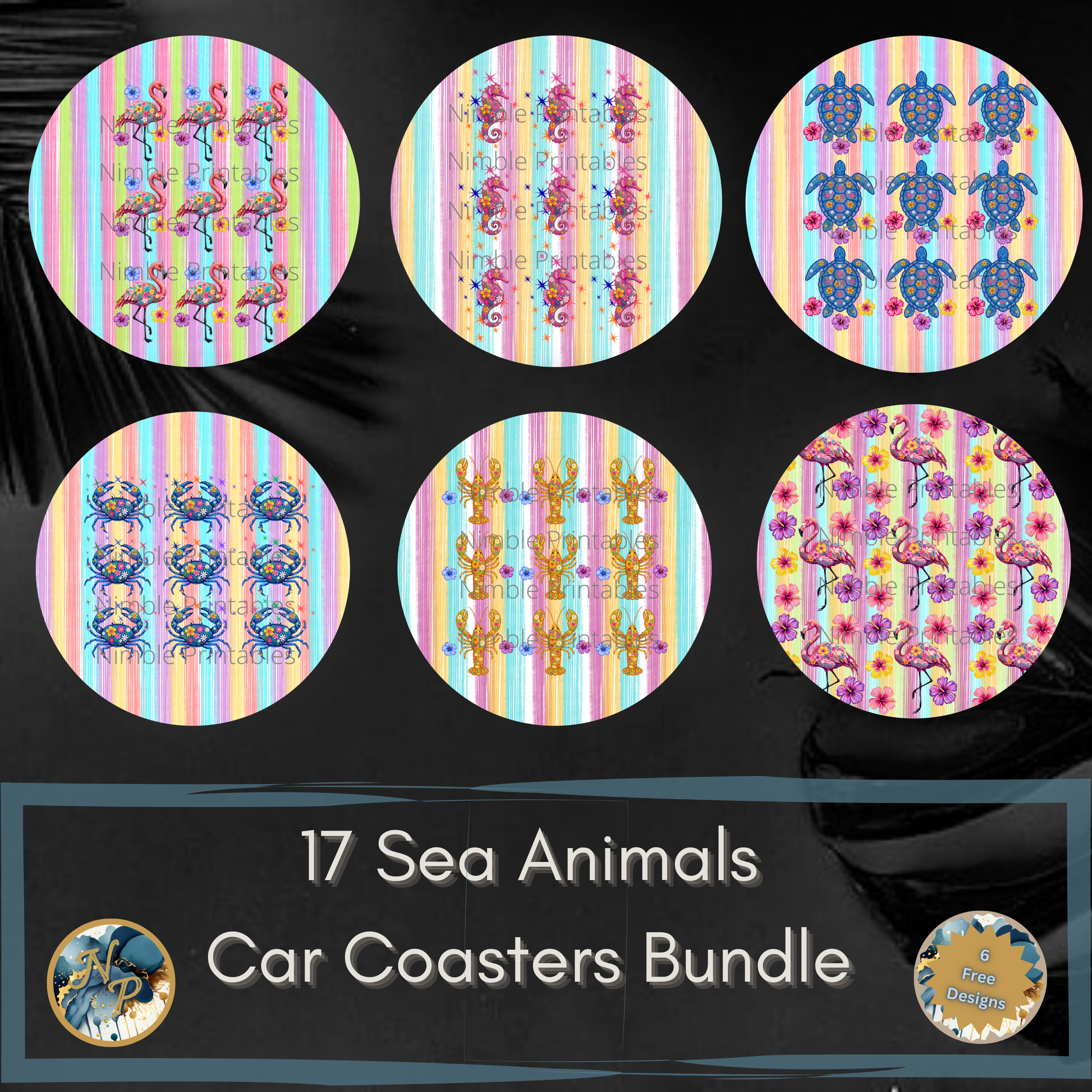 Sea animal car coaster designs featuring flamingos, turtles, crabs, and lobsters.