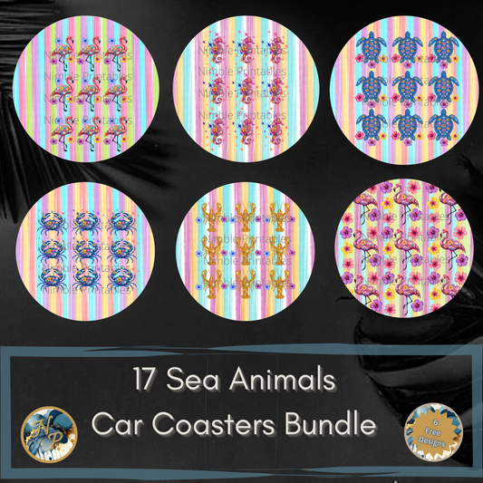 Sea animal car coaster designs featuring flamingos, turtles, crabs, and lobsters.