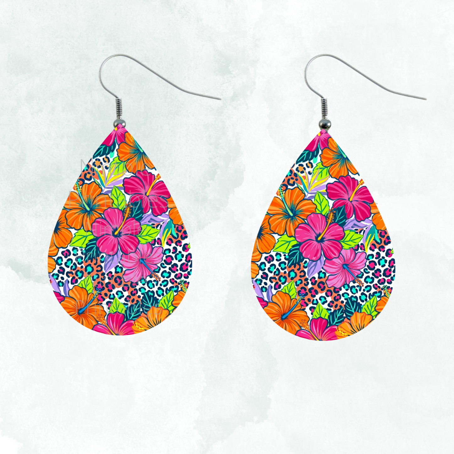 Teardrop earrings with colorful hibiscus flowers and leopard print.
