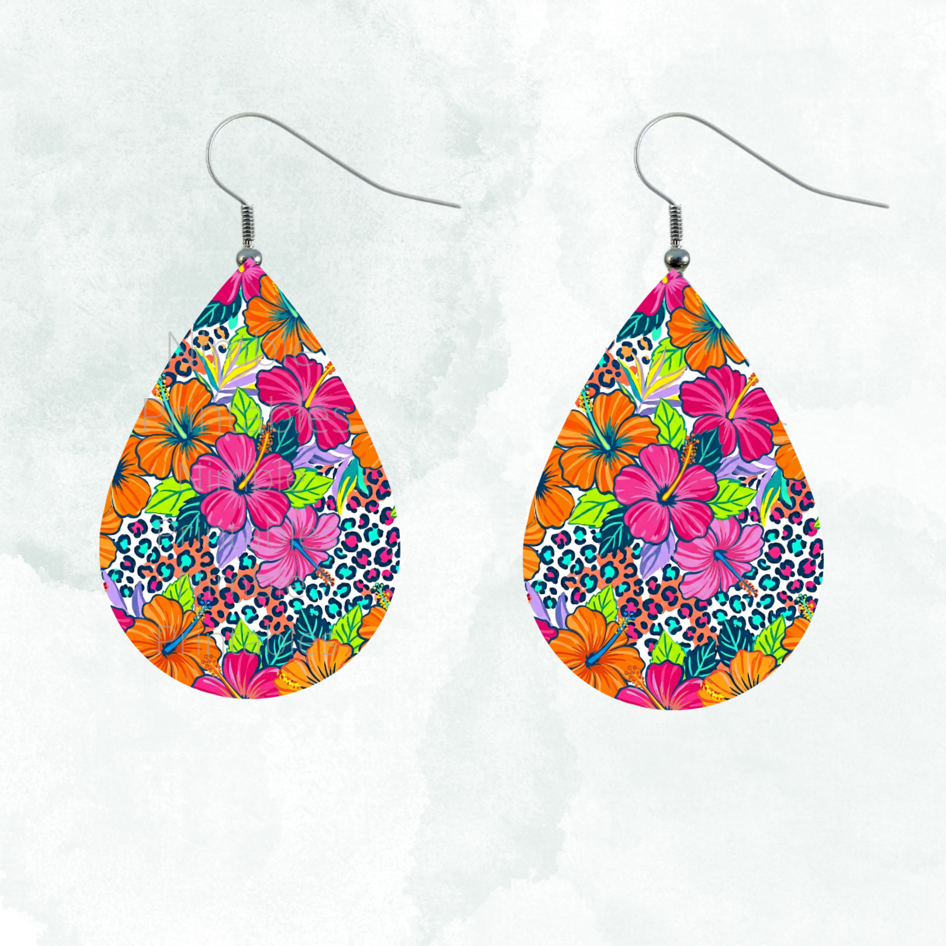 Teardrop earrings with colorful hibiscus flowers and leopard print.