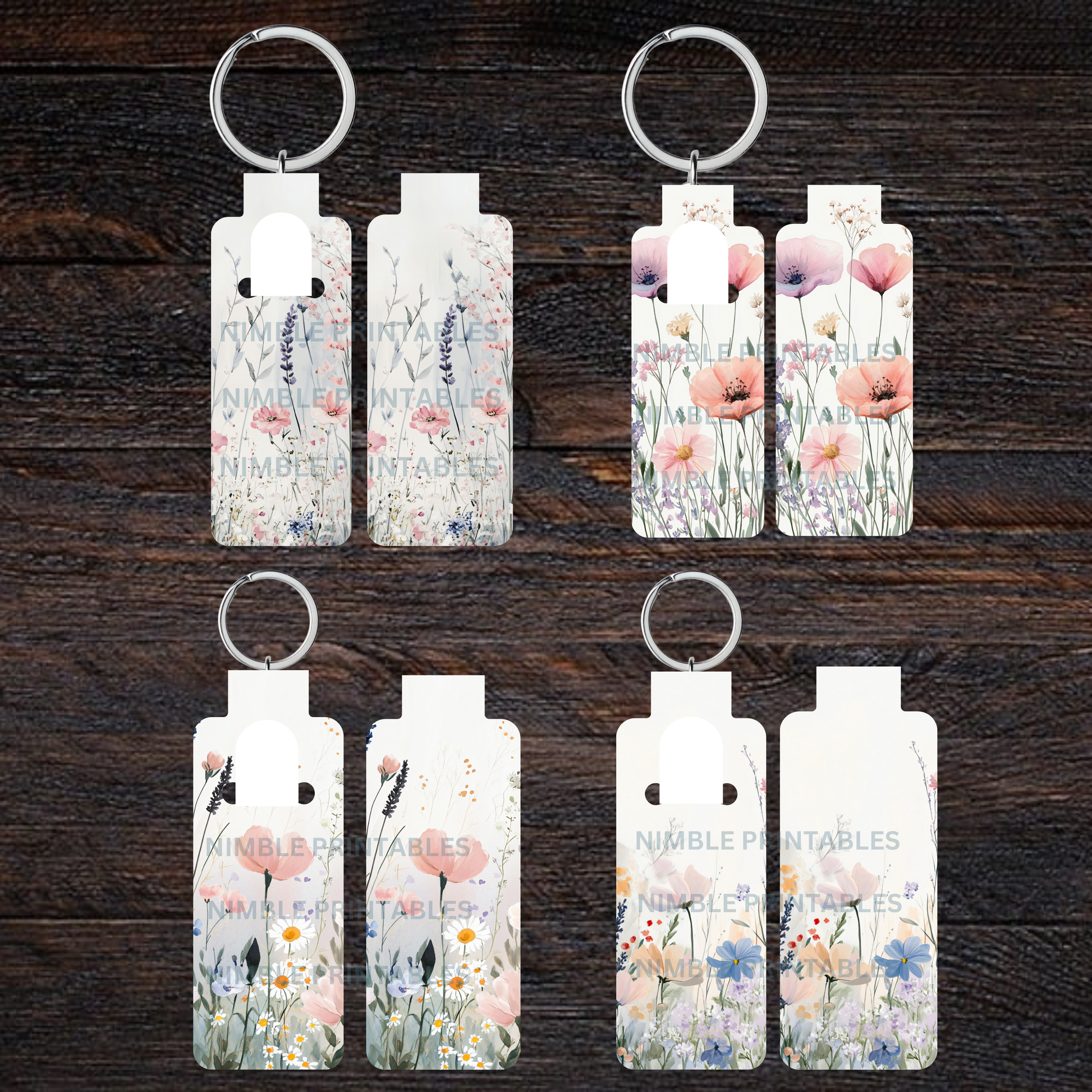 Floral Keychain Set, Botanical Print, Durable Acrylic Key Rings, Unique Handmade Gifts