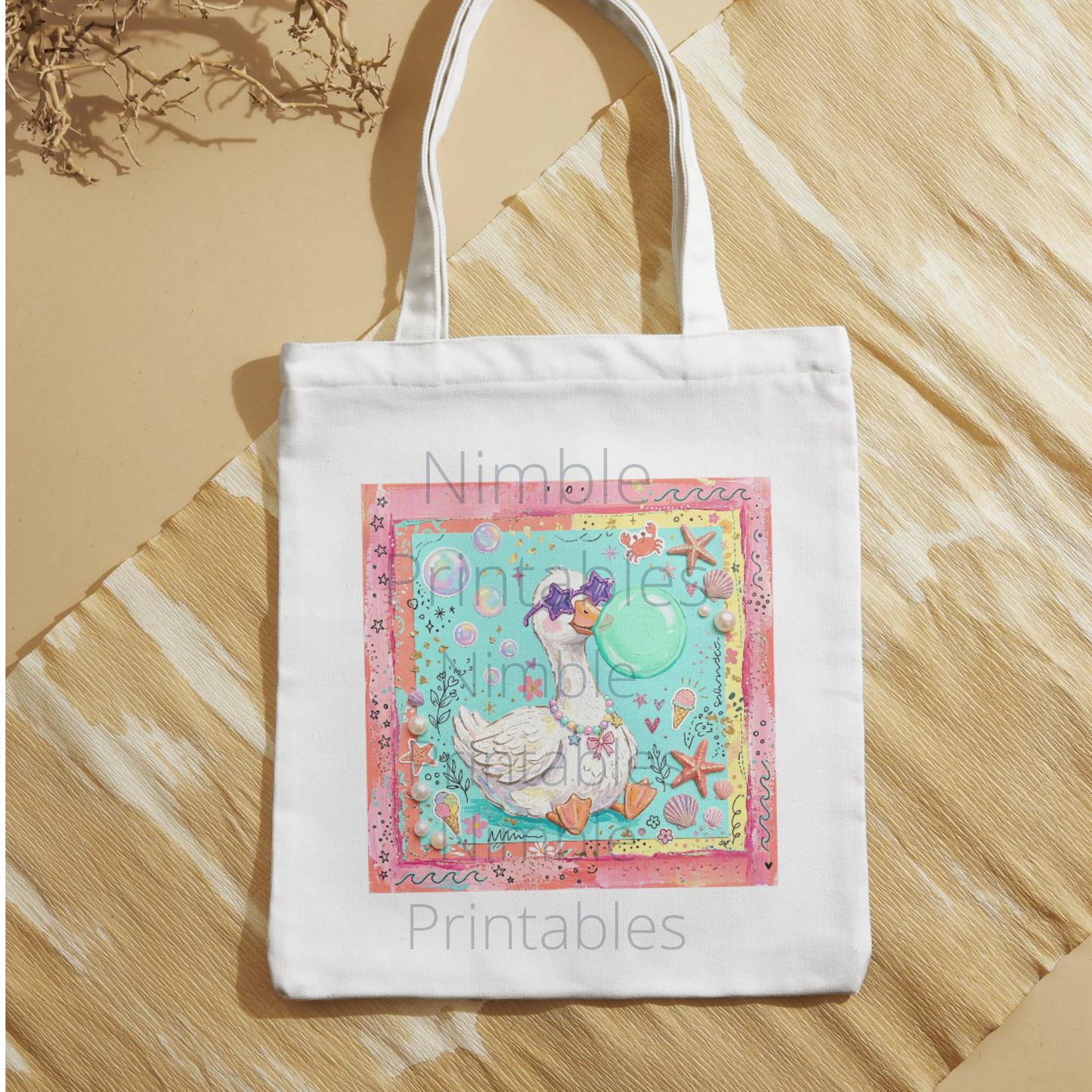 White tote bag with a whimsical goose illustration and colorful border.