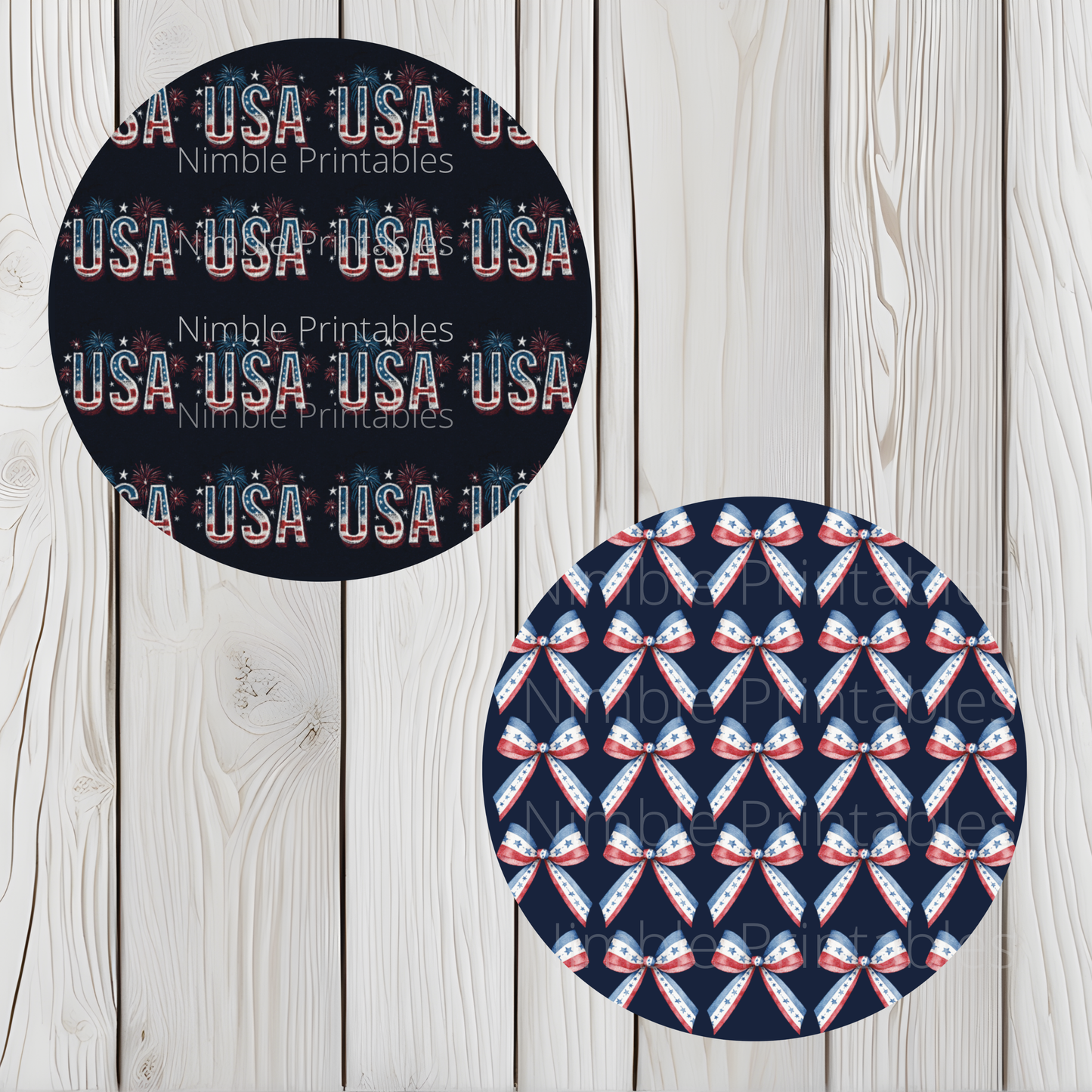 Round pattern with "USA" text and a patriotic bow pattern.