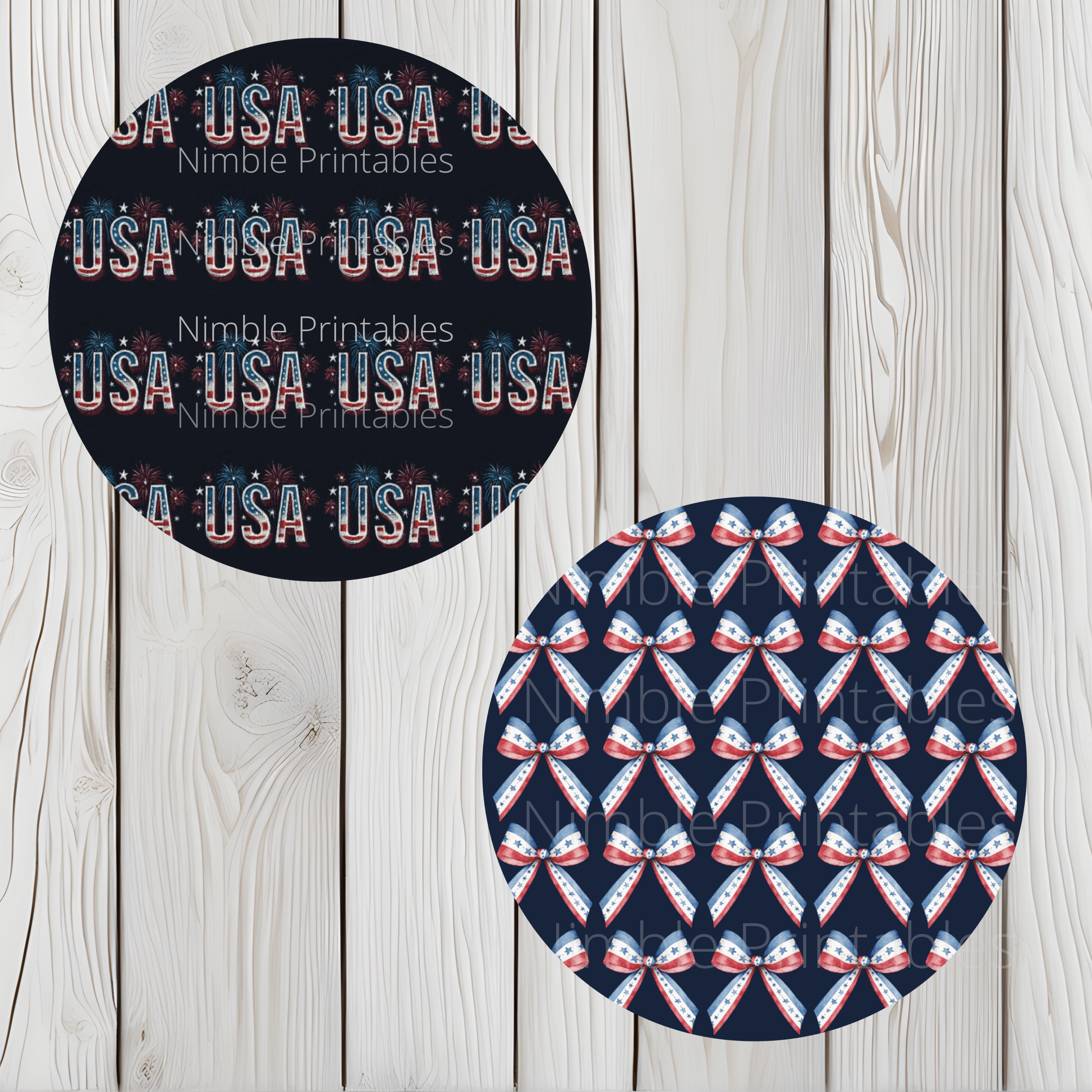 Round pattern with "USA" text and a patriotic bow pattern.