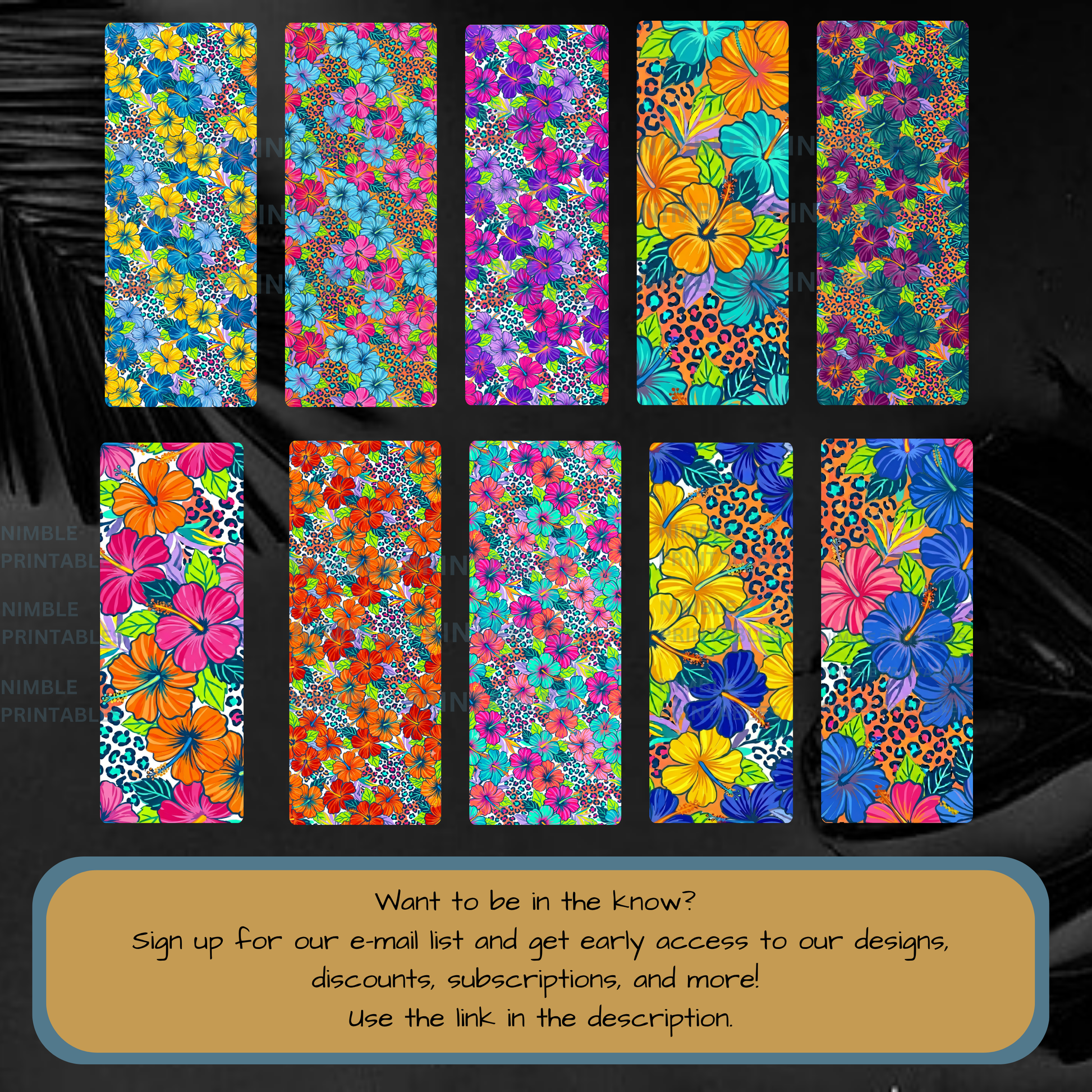 Floral and leopard print bookmark designs on a dark background.