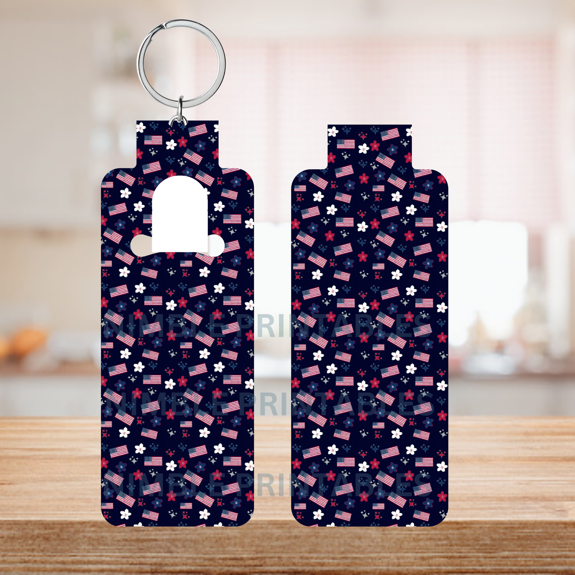Two hand sanitizer holders with American flag and flower pattern.
