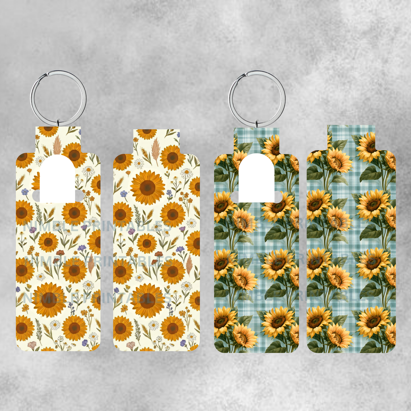 Two keychains, one with sunflowers and wildflowers, another with sunflowers on a blue plaid background.