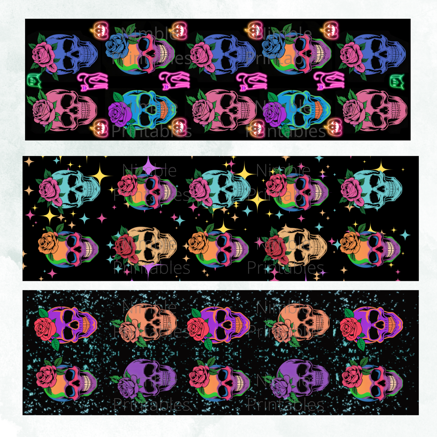 Pattern of colorful skulls with roses, pumpkins, and stars on a black background.