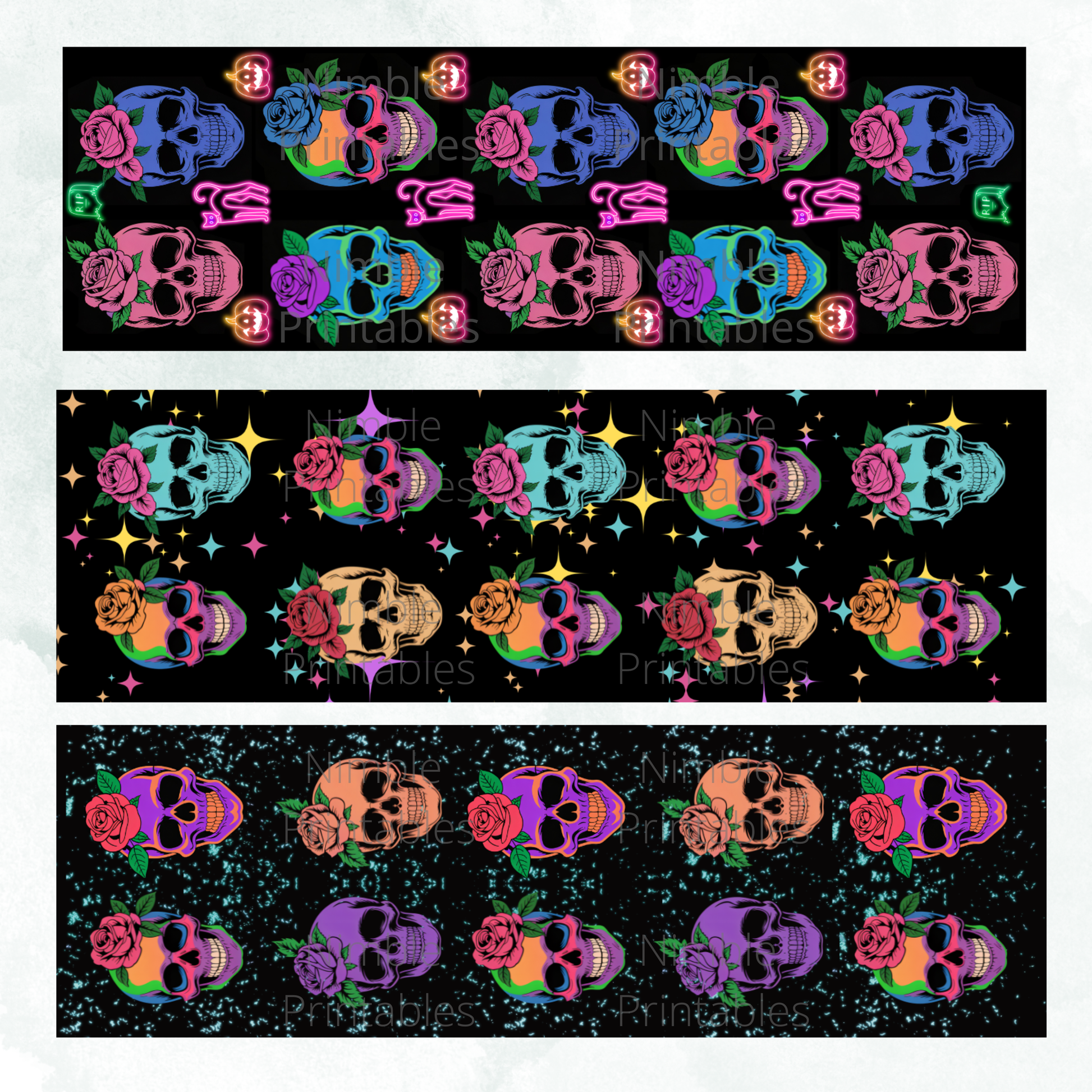 Pattern of colorful skulls with roses, pumpkins, and stars on a black background.