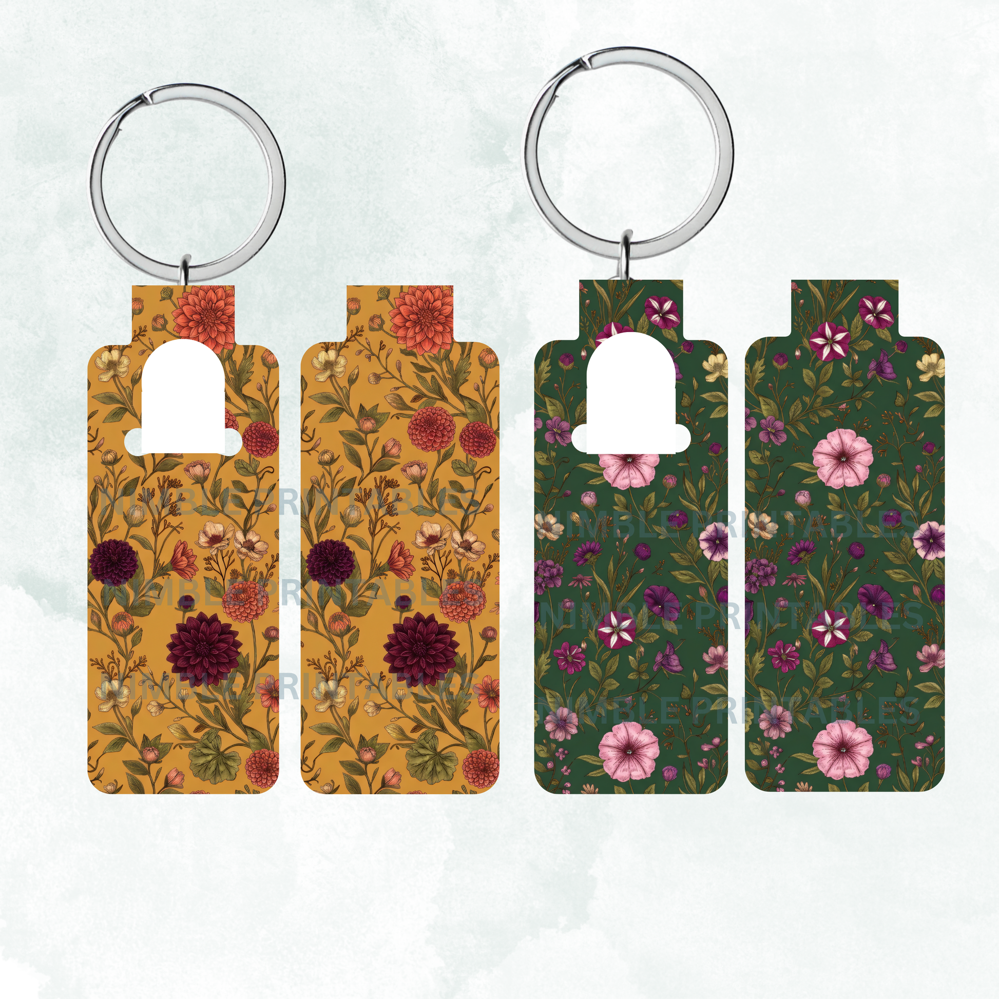 Two keychains with floral patterns: one on mustard yellow, the other on dark green.