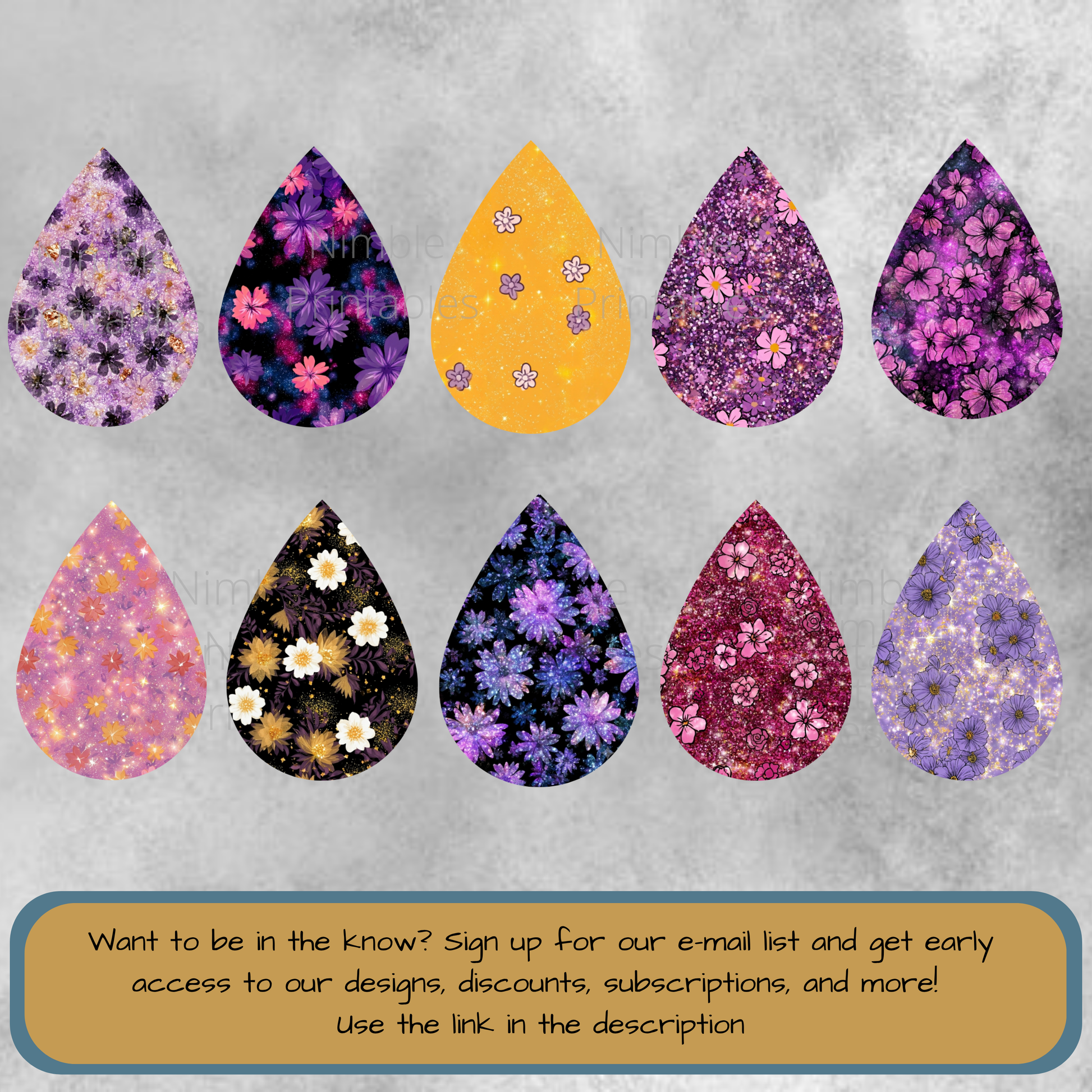 Ten teardrop shapes with floral and glitter patterns in various colors.