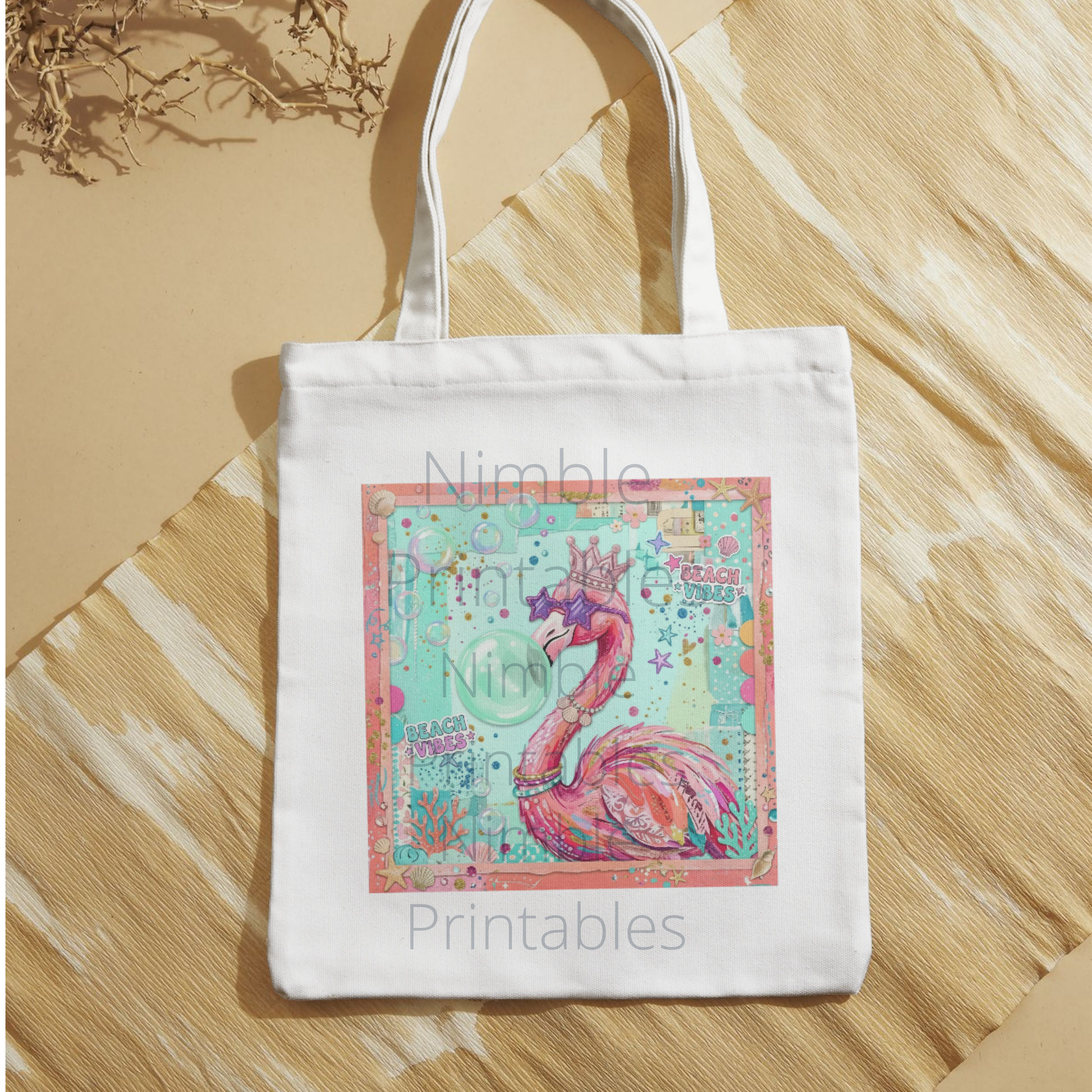 White tote bag with a pink flamingo wearing a crown and sunglasses.