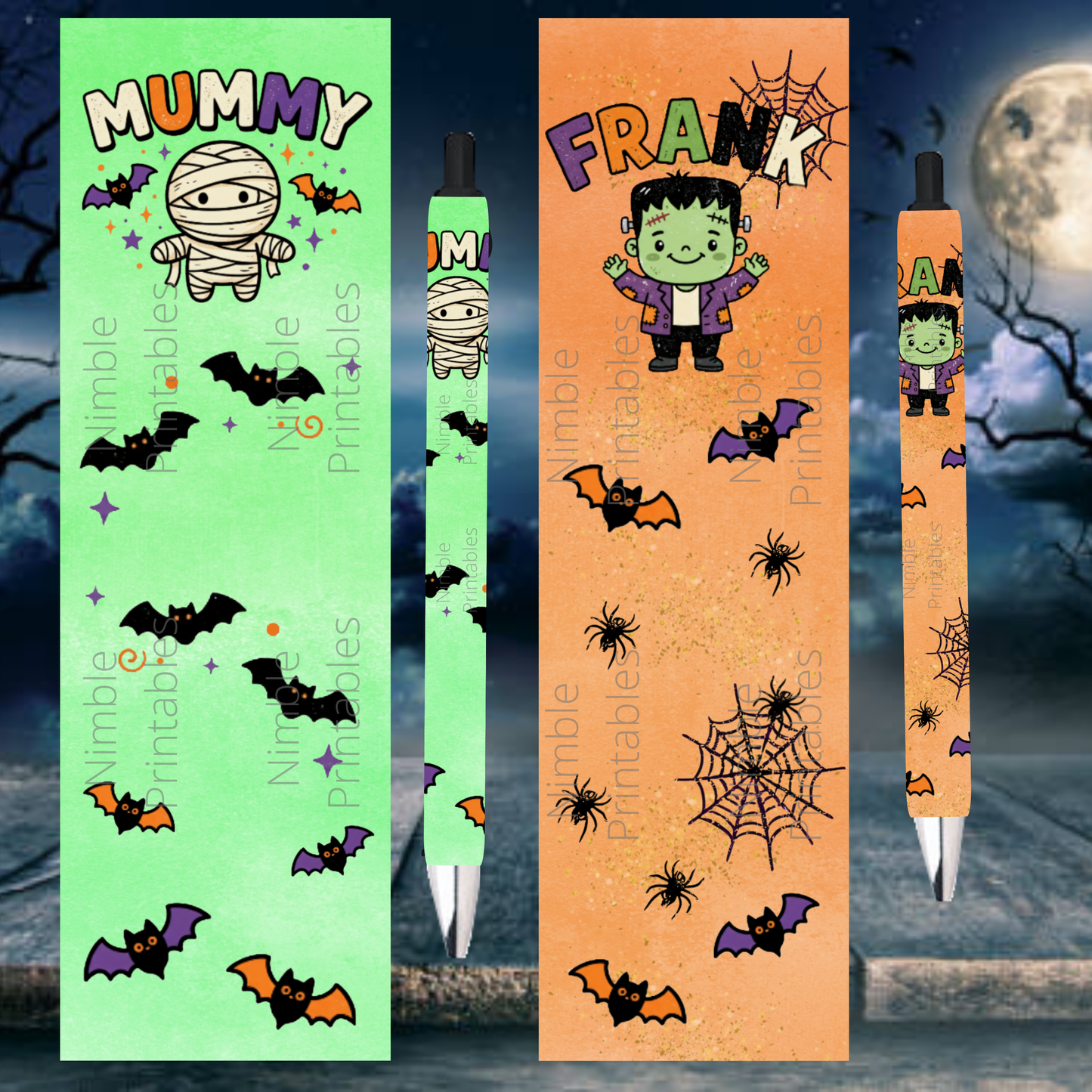 Halloween themed pen wraps featuring a mummy and Frankenstein characters with bats and spiders.
