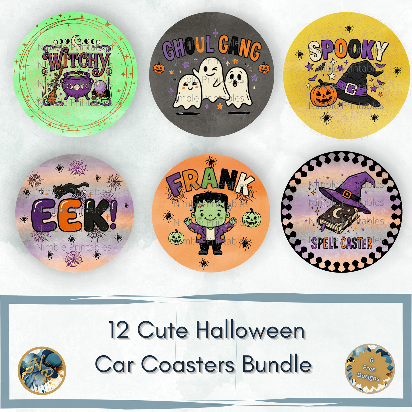 Six Halloween car coasters with designs including "Witchy," "Ghoul Gang," "Spooky," "Eek!," "Frank," and "Spell Caster."