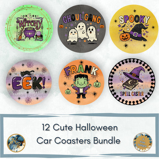 Six Halloween car coasters with designs including "Witchy," "Ghoul Gang," "Spooky," "Eek!," "Frank," and "Spell Caster."