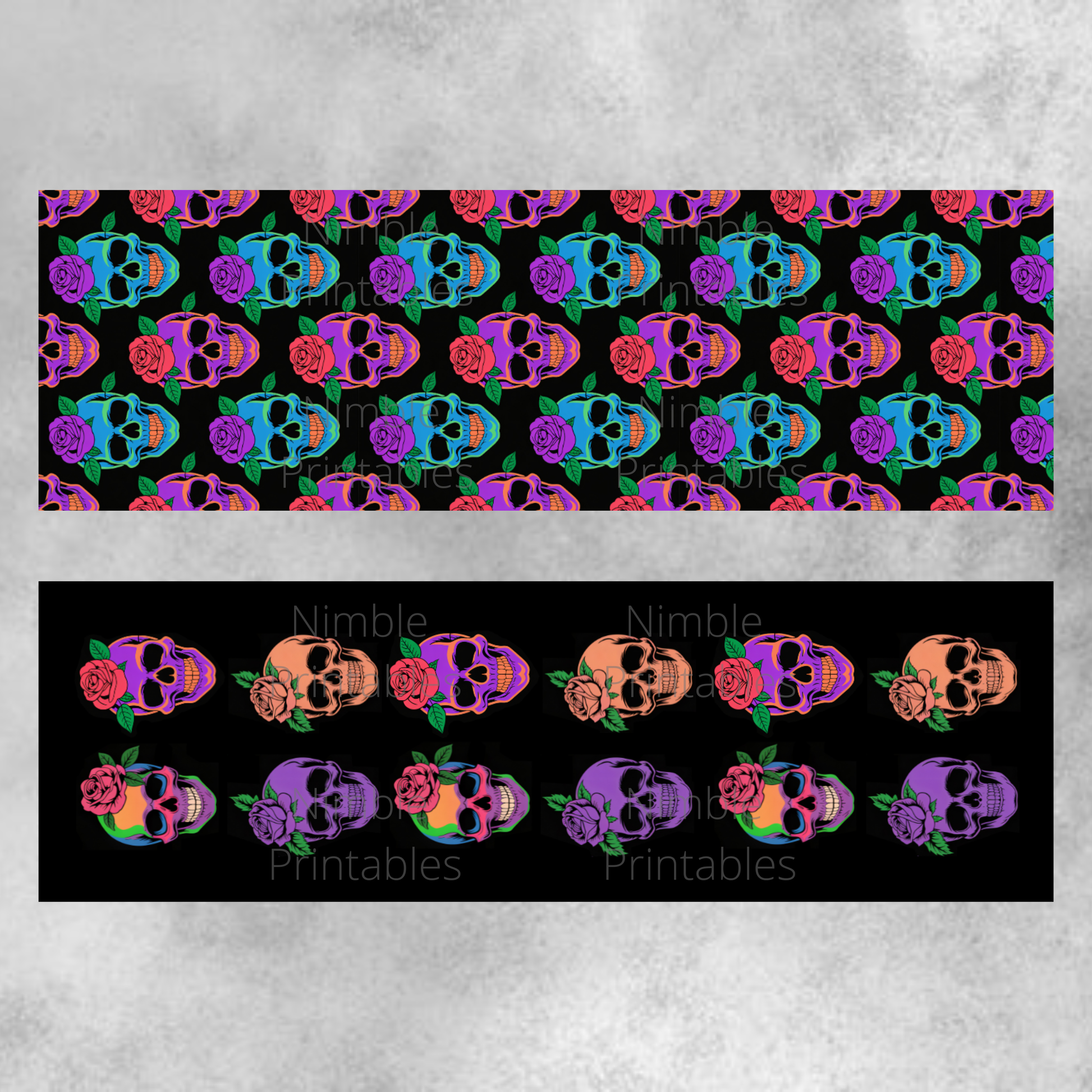 Neon skulls with roses pattern, a repeating design on black and a horizontal arrangement.