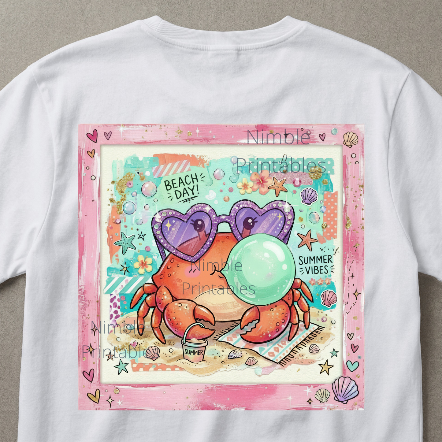 Crab wearing sunglasses blowing bubblegum, with "Beach Day" and "Summer Vibes".