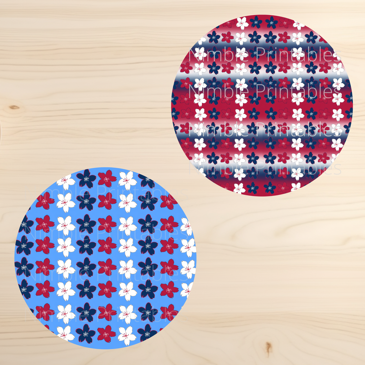 Two circular patterns of red, white, and blue flowers on light blue and speckled backgrounds.