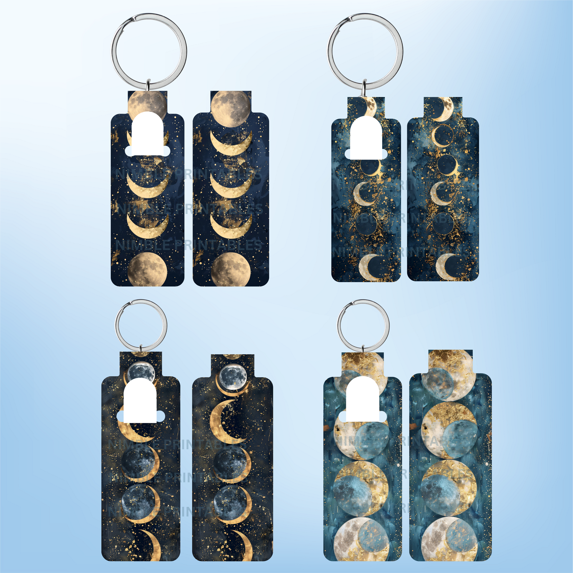 Lunar Phases Keychain Set, Celestial Moon Cycle, Navy and Gold Key Rings, Unique Gifts, Space Design, Astrology Lovers, Night Sky Decor