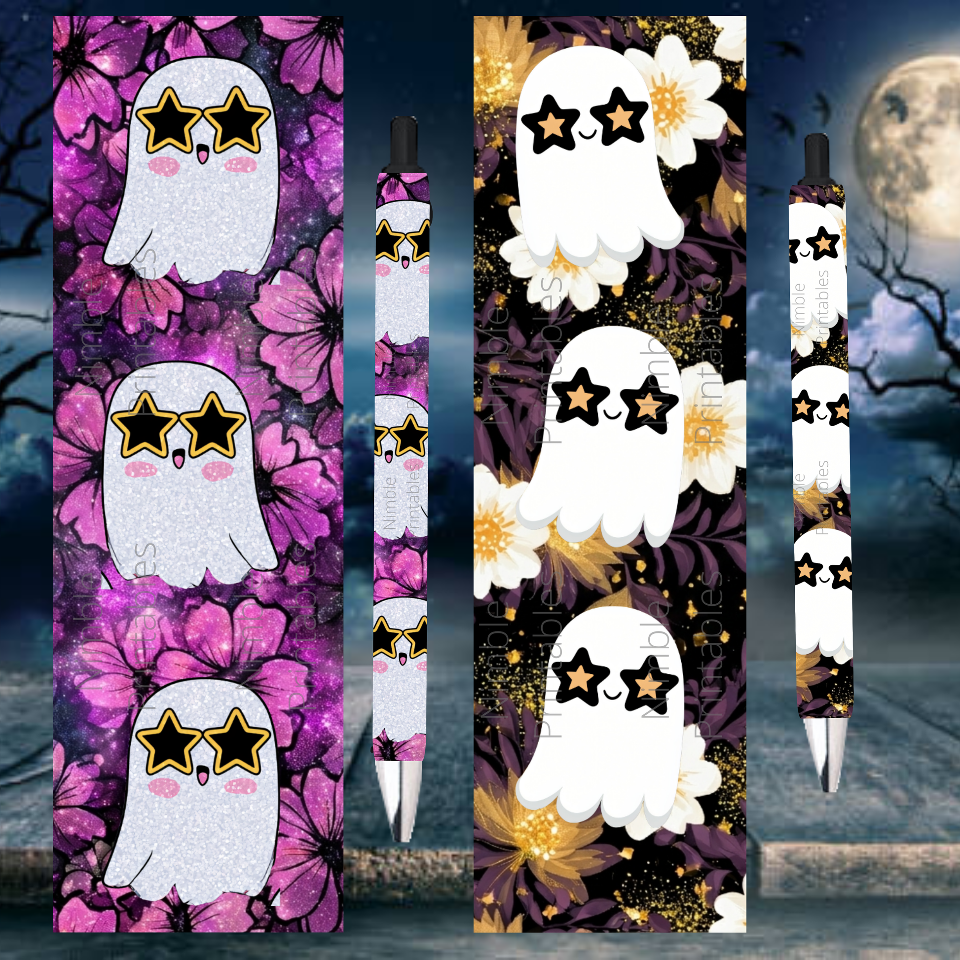 Ghost stickers with star sunglasses on purple floral and dark floral backgrounds.