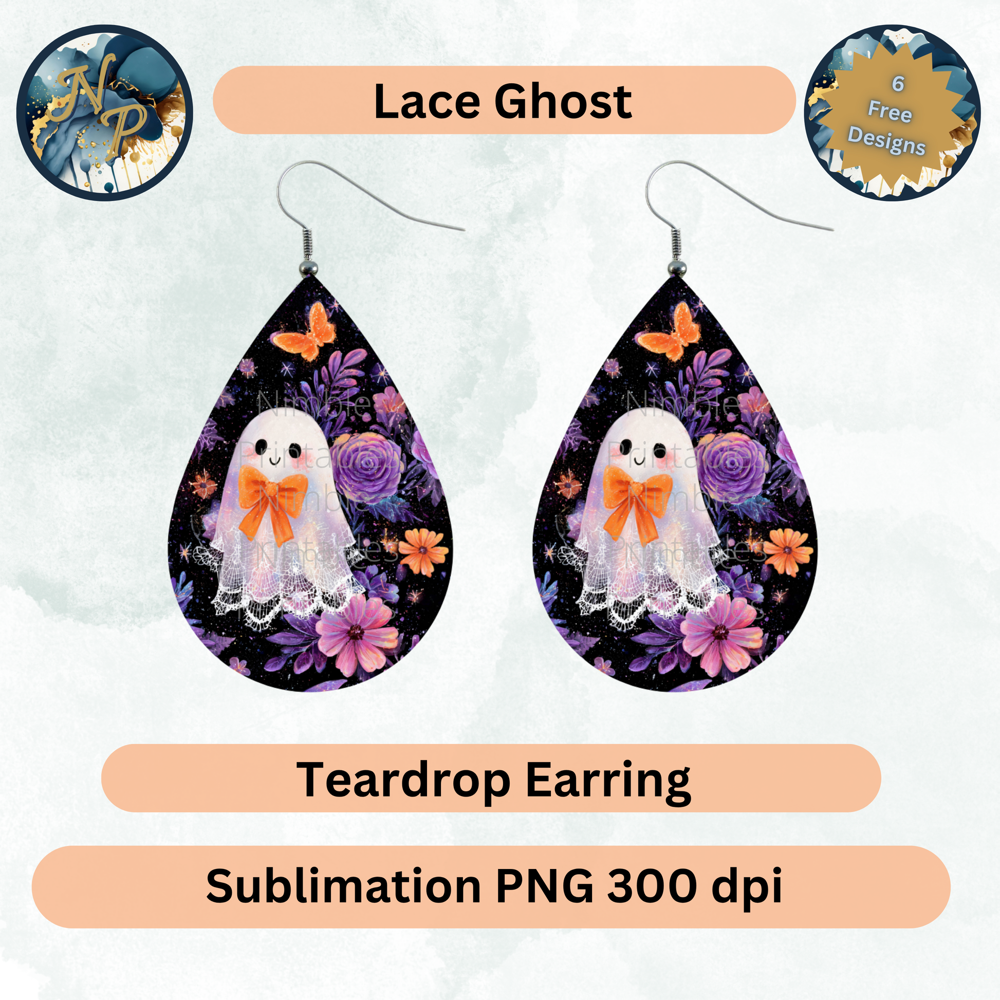 Teardrop earrings featuring a lace ghost design with floral and butterfly accents.