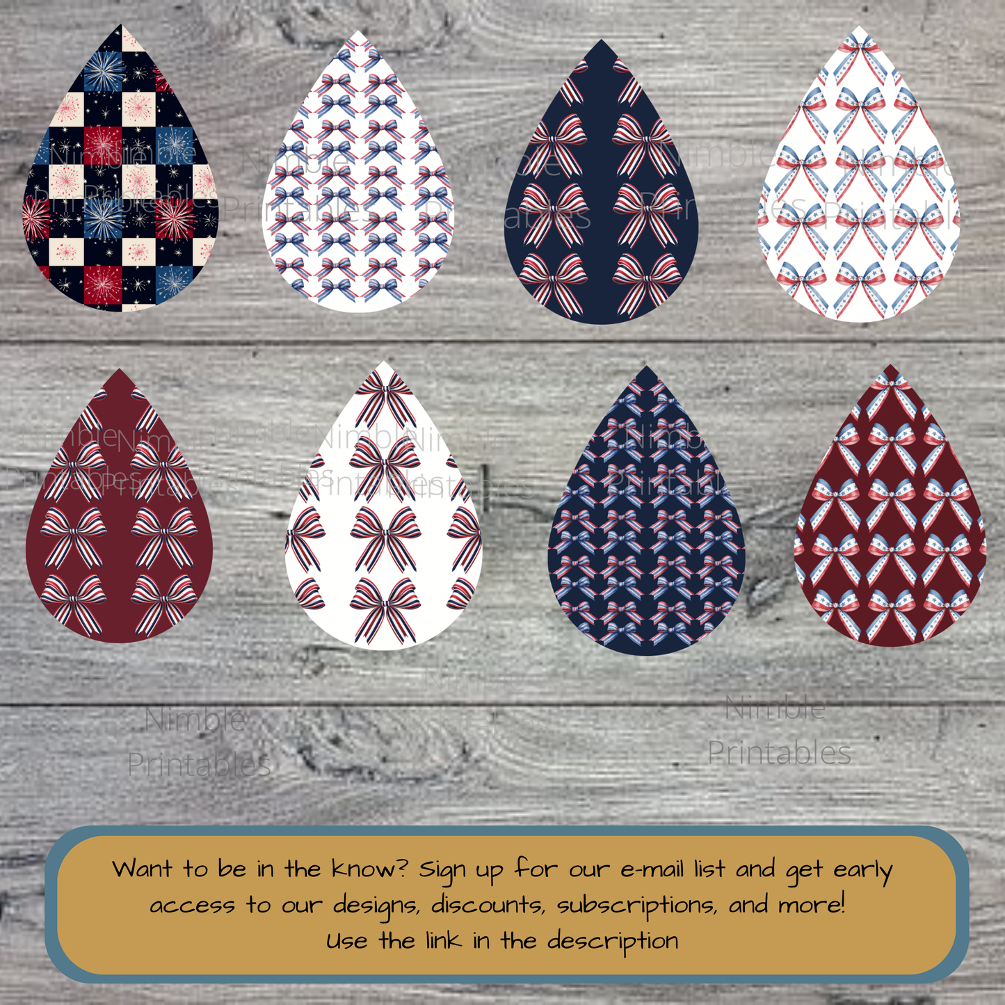 Tear drop shapes with patriotic patterns and bows, Nimble Printables logo.