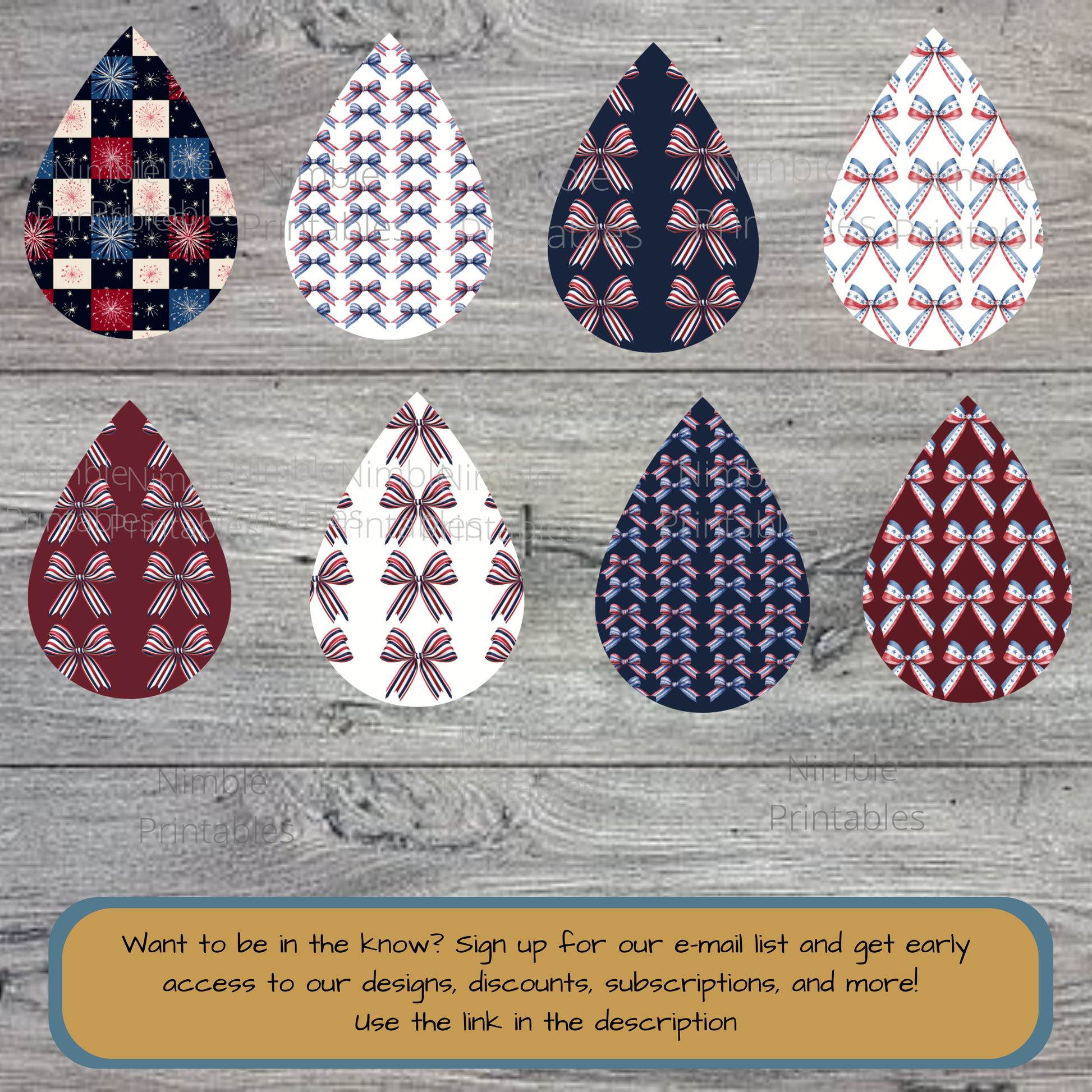 Tear drop shapes with patriotic patterns and bows, Nimble Printables logo.