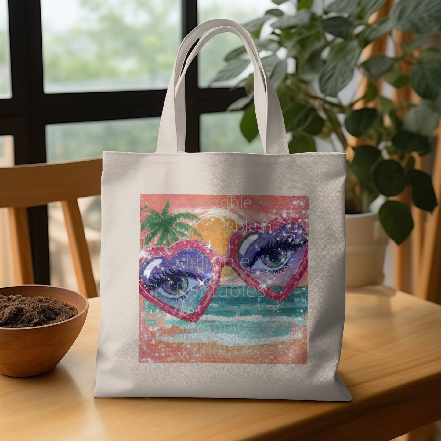 Tote bag with abstract eyes wearing heart-shaped sunglasses over a beach scene.
