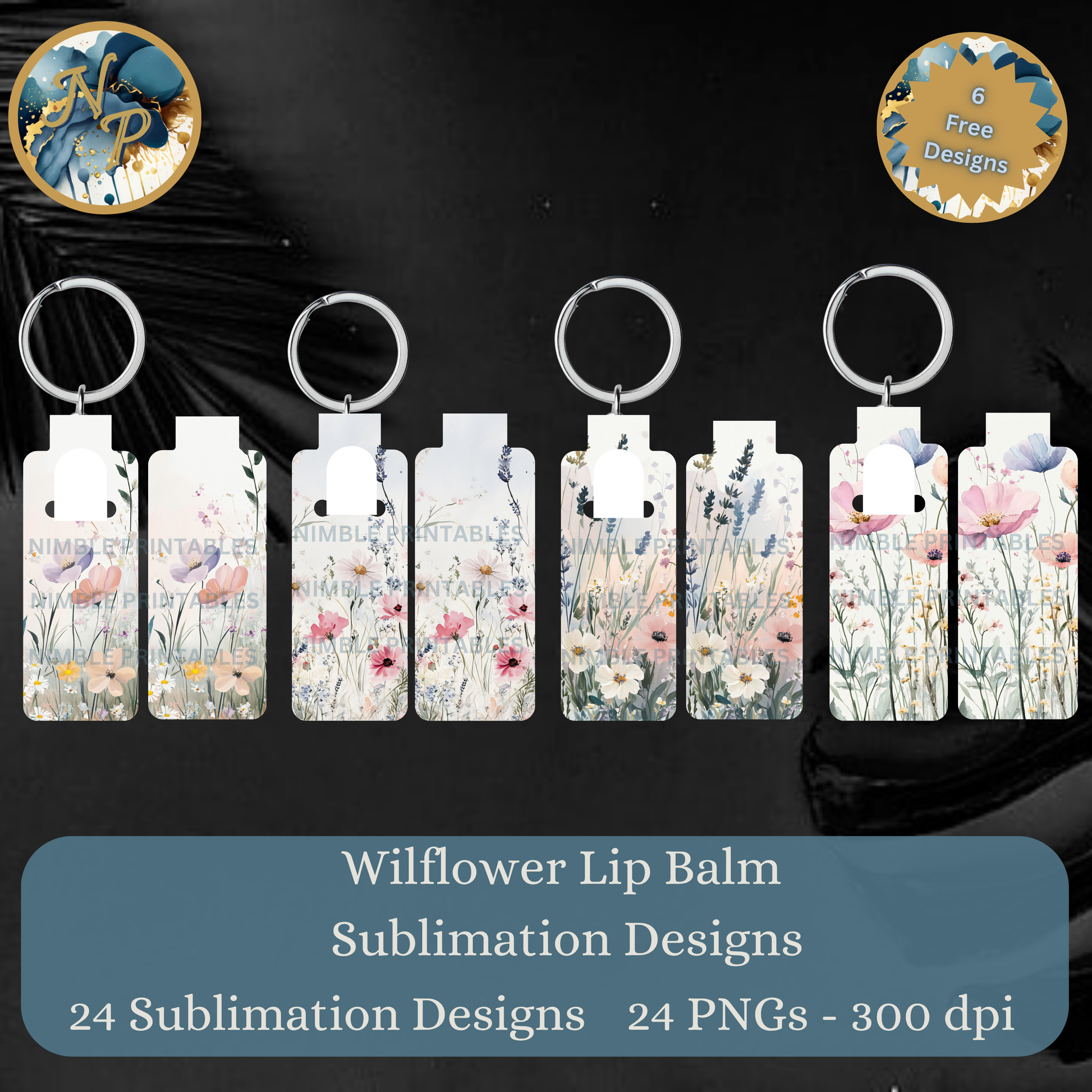 Wildflower Lip Balm Holder Keychain Tags, Floral Chapstick Holders, Sublimation Design Downloads, Digital PNG Files, DIY Craft Supplies
