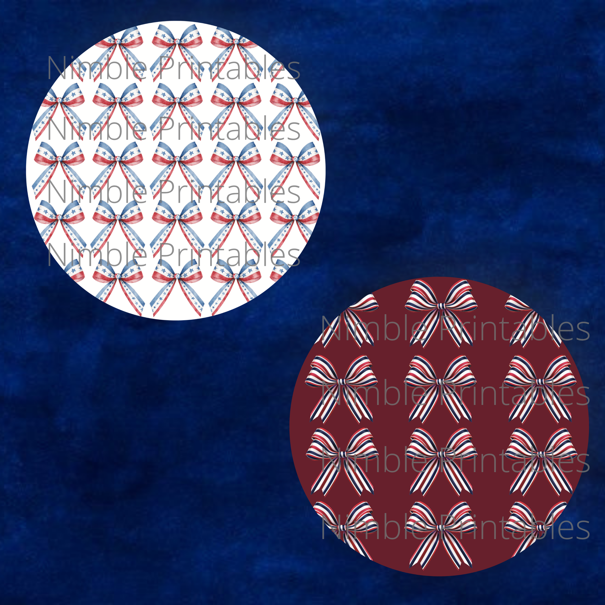 Two circular designs with red, white, and blue ribbon bows against dark blue background.