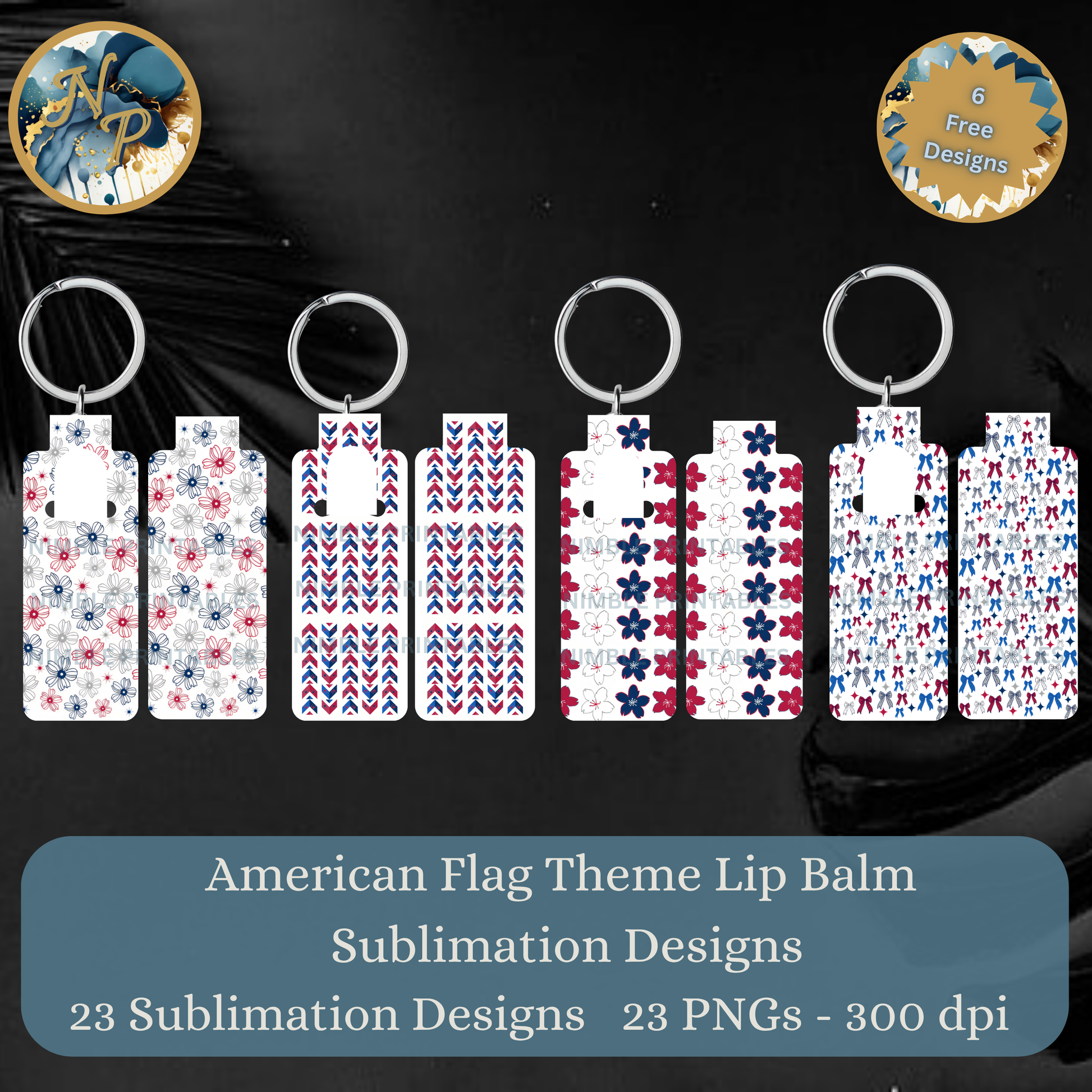 American Flag theme lip balm sublimation designs, 23 PNGs.
