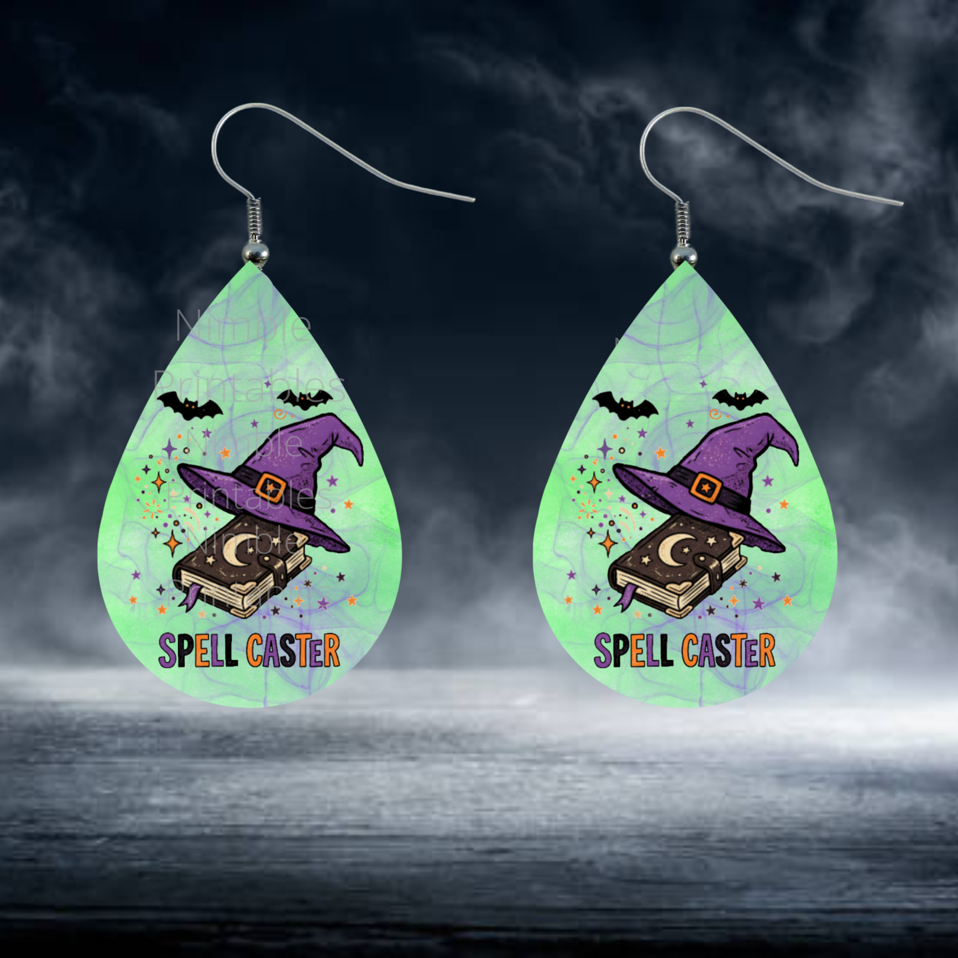 Teardrop earrings with witch hats, spellbooks, bats, and text.