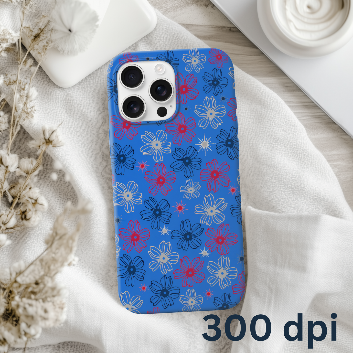 Blue phone case with red, white, and blue floral pattern.