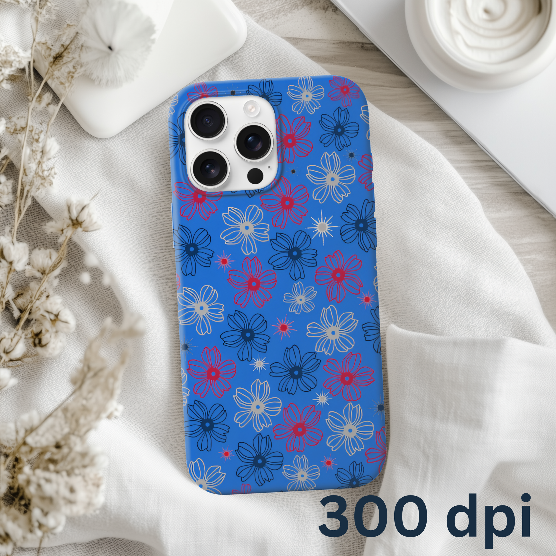 Blue phone case with red, white, and blue floral pattern.