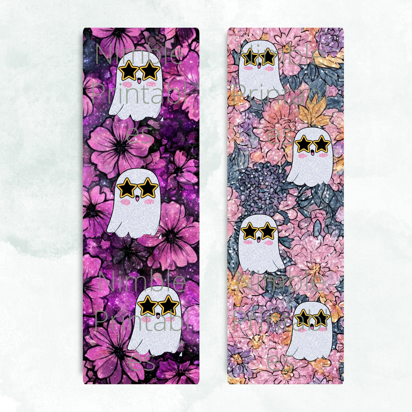 Two glittery ghost designs with star sunglasses on floral backgrounds.