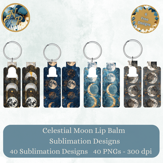 Celestial Moon Phase Keychain, Galaxy Print Lip Balm Holder, Lunar Sublimation Design, Astrology Gifts, 300 dpi PNG Files, Pack of 6