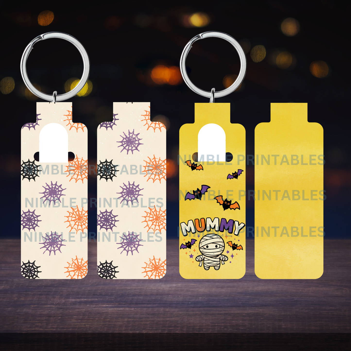 Halloween mummy and spiderweb themed keychains with keyrings