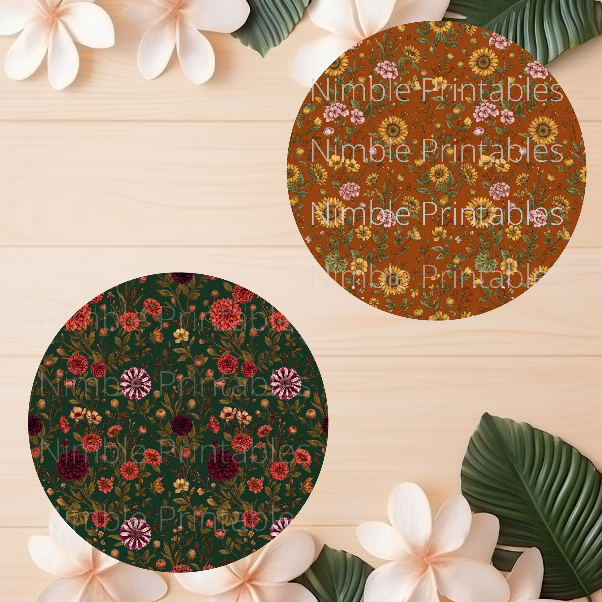 Two circular patterns of floral designs on a wood-grain background with tropical flowers.