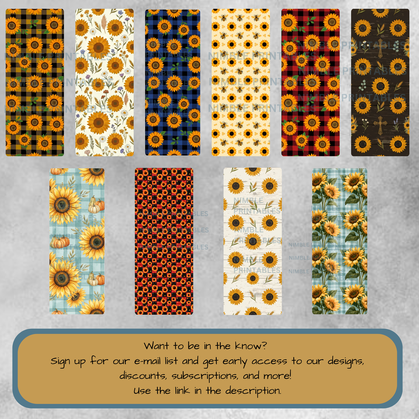 Collage of sunflower patterns including buffalo plaid, bees, and pumpkins.