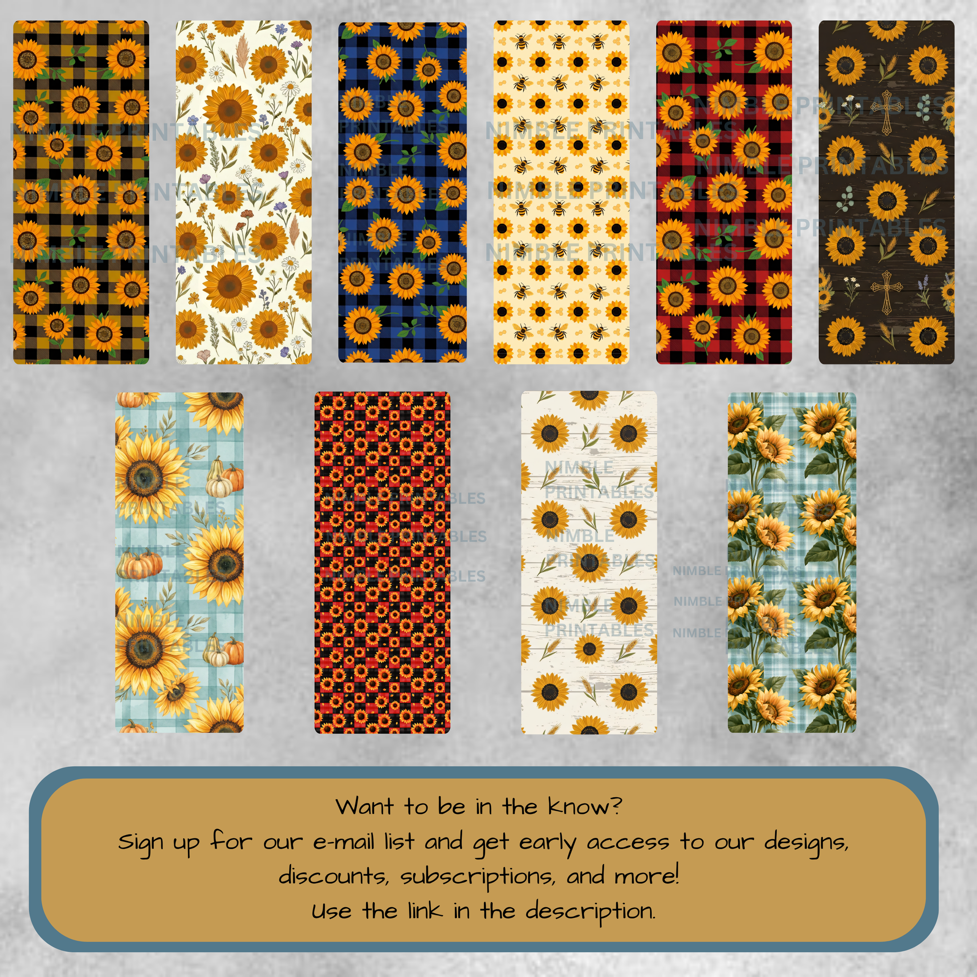 Collage of sunflower patterns including buffalo plaid, bees, and pumpkins.