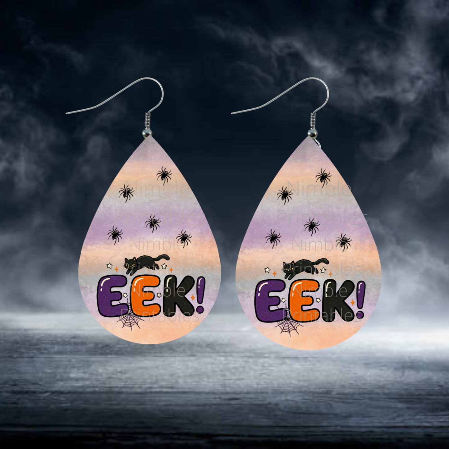 Halloween earrings with black cats, spiders, and the word "EEK!".