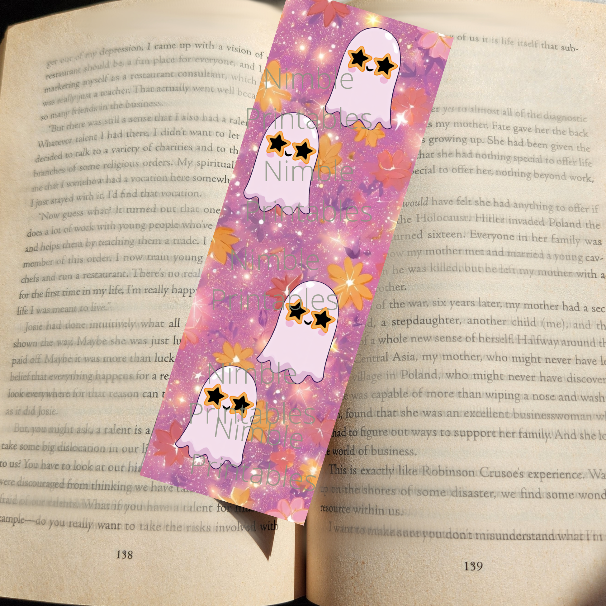 Cute pastel ghosts with star sunglasses and fall leaves bookmark.