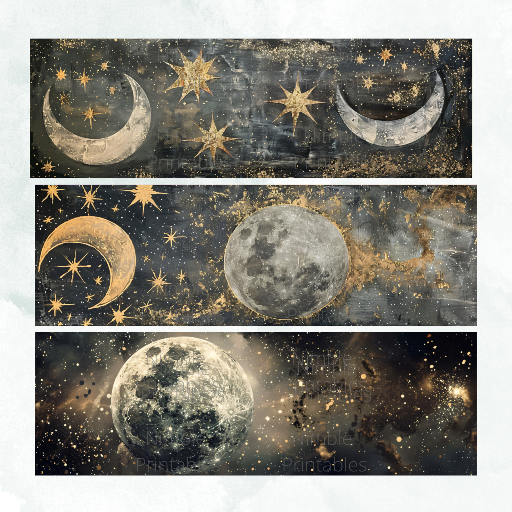Celestial Moon Phases Wall Art, Starry Night Sky Printables, Gold Stars, Lunar Decor, Instant Download, Home Decoration, Astronomy Lover