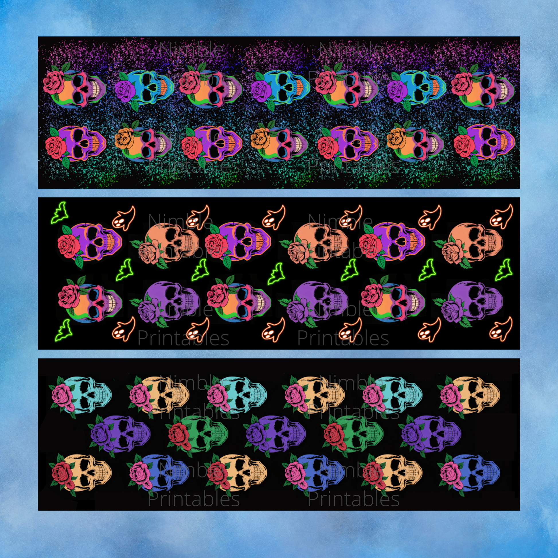 Colorful skulls with roses in three horizontal rows, some with neon ghosts.
