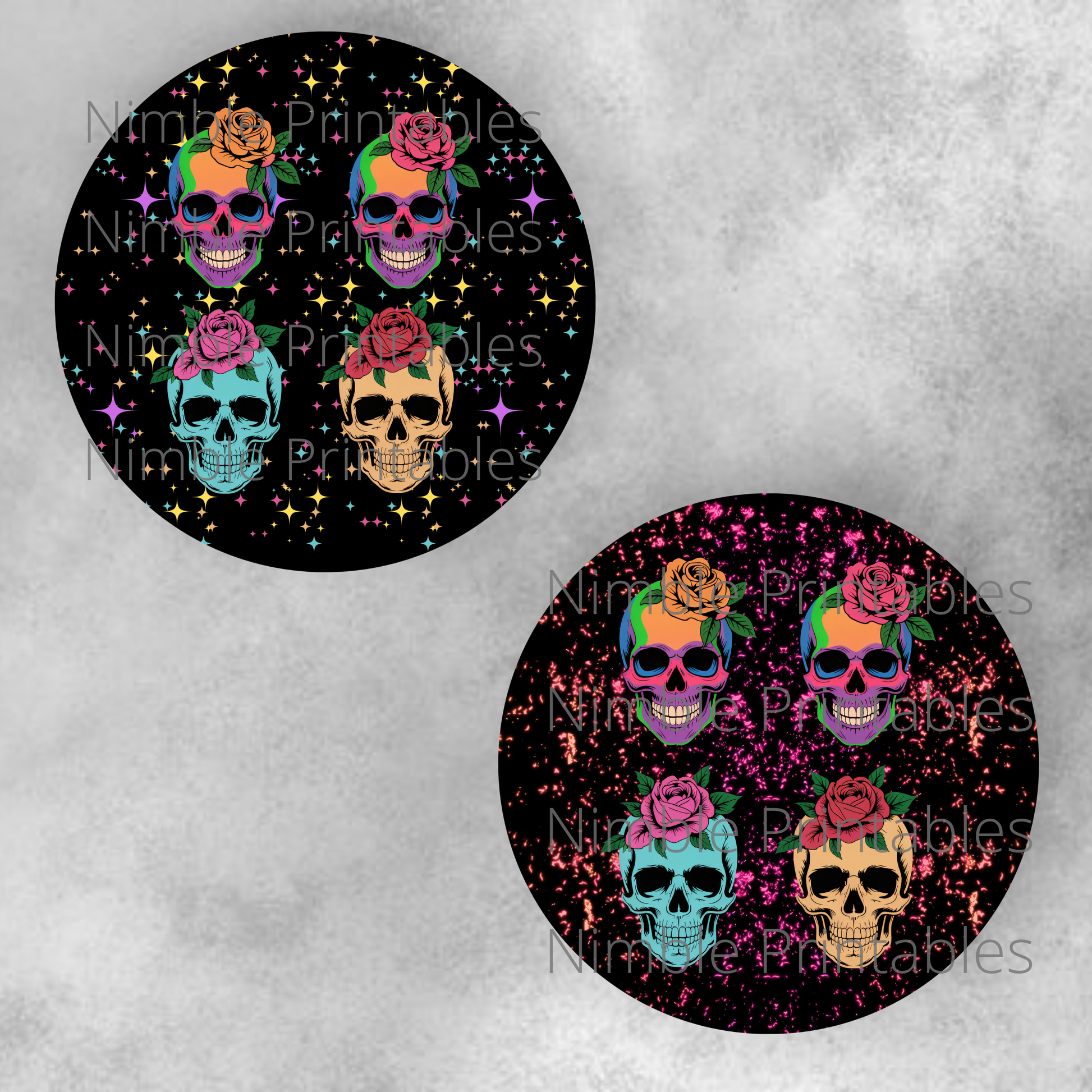 Stylized skulls with roses and stars on black backgrounds, two circular designs.